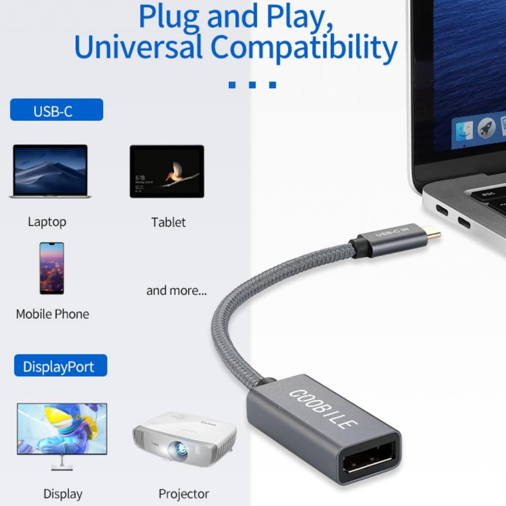 COOBILE USB 3.1 Gen2 Type C to DisplayPort 1.4 Adapter Cable [8K@60Hz, 4K@144Hz, 2K@240Hz,HDR] Thunderbolt 4/3 to DP Compatible with MacBook Pro,Galaxy S20 S21,Surface Book, iPhone 15(Grey)