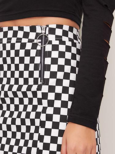 WDIRARA Women's Elegant Mid Waist Above Knee O-Ring Zipper Front Plaid Skirt Black and White Checked XXS
