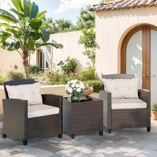 Vongrasig 3 Piece Patio Furniture Set Small Outdoor Wicker Rattan Front Porch Bistro Set Cushioned Patio Chairs Conversation Set with Glass Table for Lawn, Garden, Backyard, Balcony, Poolside (Beige)