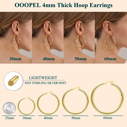 OOOPEL 4mm Thick Gold Chunky Earrings Steling Silver Post Hoops For Women Hollow Tube Hoop Hypoallergenic Lightweight Large 20/30/40/50/60MM, Sterling Silver, No Gemstone, Silver,30mm