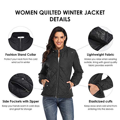 PEIQI Quilted Jacket for Women Outwear Puffer Zip-up Stand Collar Padded Jacket Winter Coat with Pockets Black X-Small