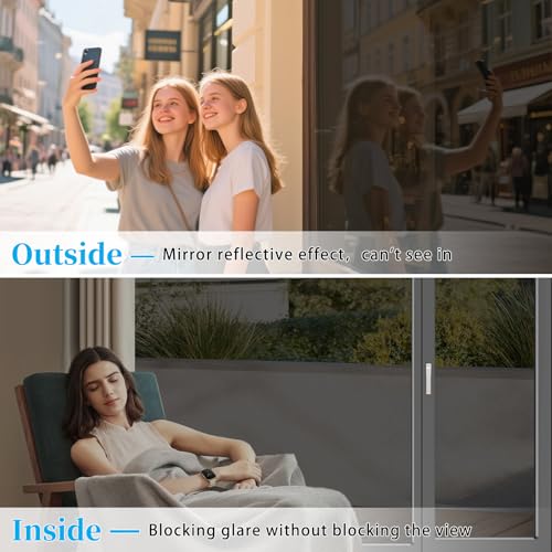 ConCus-T Thicken One Way Mirror Window Film Sun Blocking Window Tint Film for Home Reflective Window Sticker Glass Privacy Film, Black Silver 41.34 Inch x 9.8 Feet