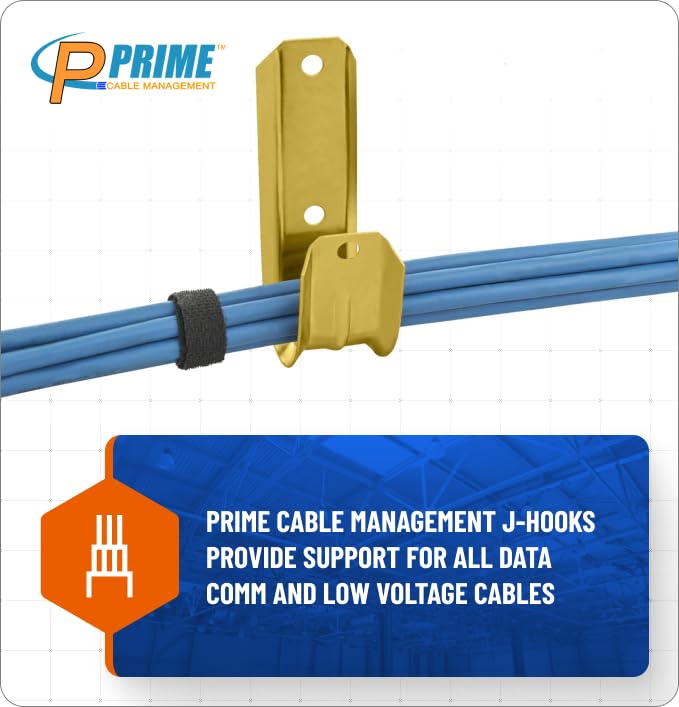 Prime Cable Management 1 5/16 Inch Heavy Duty Metal Cable & Wire Support J-Hook Hangers for Wall Mounting & Attaching to Vertical Surfaces for Cable & Wire Management