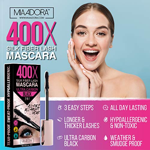 400X Pure Silk Fiber Lash Mascara [Ultra Black Volume and Length], Longer & Thicker Eyelashes. Waterproof, Long Lasting, Instant & Very Easy to Apply, Smudge-proof, Hypoallergenic