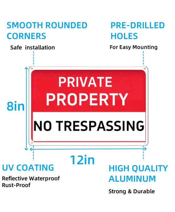 Carastora Private Property No Trespassing Sign – Rust-Free Aluminum Sign, Reflective, Waterproof, and Weather-Resistant Design, Suitable for Home, Garden, Yard, Residential, Business, Farm, and Public Areas – 8x12 Inches