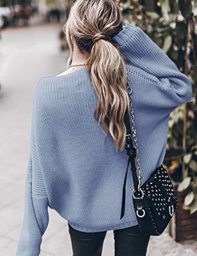Ugerlov Women's Oversized Sweaters Batwing Sleeve Mock Neck Jumper Tops Chunky Knit Pullover Sweater (Blue, S/M)