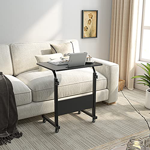 DlandHome Rolling Laptop Desk Stand Up Desk Adjustable Mobile Laptop Desk, 23.6 Inches Medium Size Side Table, Movable w/Tablet Slot & Wheels, Portable Stand for Bed Sofa Black