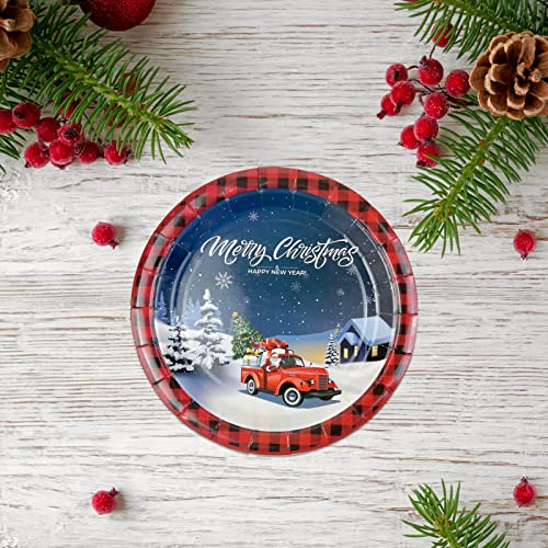 CIEOVO 48 Pack Disposable Plates Christmas Red and Black Plaid Party Dinner Dessert Plates for Christmas Birthday New Year Birthday Baby Shower Party Supplies