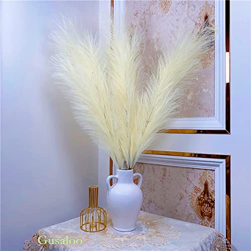 Artificial Faux Pampas Grass Large, 47"/120cm Bundle of 3 Fake Artificial Pampas Grass Decor Tall Fluffy Stems, Floor Vase Filler for Living Room Kitchen Decor Boho Decor Wedding -Lightbrown