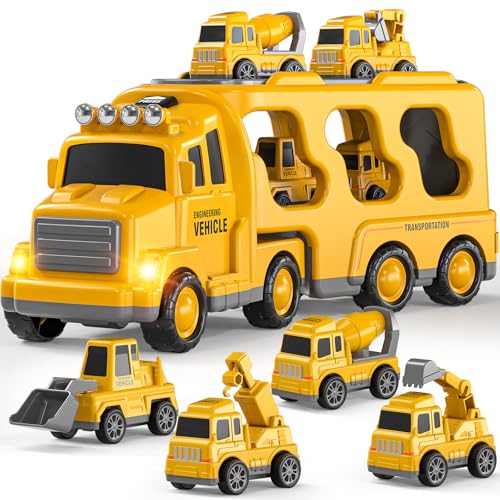 TEMI Construction Truck Boy Toys for 3-5 Year Old Toddlers - Toys for 3 4 5 6 7 Years Old Engineering Transport Vehicle Carrier Truck, Kids Excavator Crane Gift Toys for Boys & Girls Aged 4-6