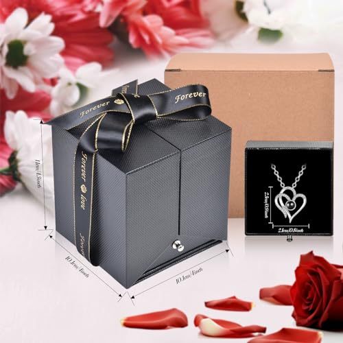 Pasuvsigt Preserved Real Rose with I Love You Heart Necklace100 Languages with Music&Lights Romantic for Mom Girlfriend Women Wife Valentine's Day Mother's Day Birthday Anniversary (Black)