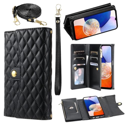 Asuwish Phone Case for Samsung Galaxy A15 5G Wallet Cover with Wrist Strap Leather Flip Zipper Credit Card Holder Slot Stand Cell A 15 4G 15A Women Men Black