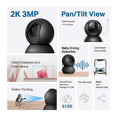 Tapo TP-Link 2K Pan/Tilt Indoor Security Camera for Baby Monitor, Pet Camera | Motion Detection & Tracking | 2-Way Audio | Cloud & SD Card Storage | Works w/Alexa & Google Home | Black C211