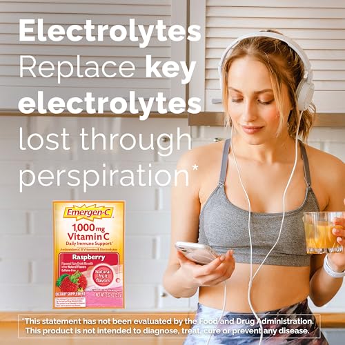 Emergen-C 1000mg Vitamin C Powder, with Antioxidants, B Vitamins and Electrolytes, Vitamin C Supplements for Immune Support, Caffeine Free Drink Mix, Raspberry Flavor - 60 Count/2 Month Supply