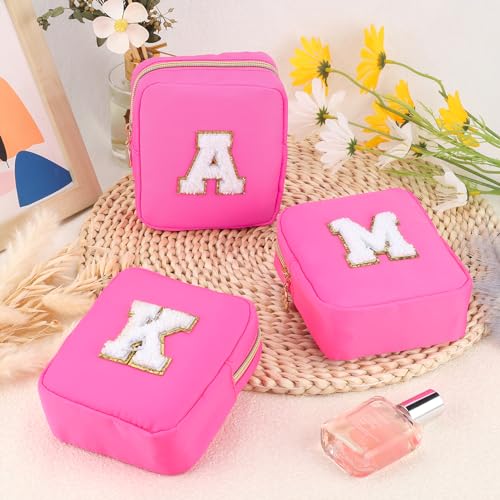 URSKYTOUS Initial Makeup Bag for Women Small Personalized Chenille Letter Nylon Cosmetic Bag for Purse Preppy Travel Cute Nylon Makeup Pouch Toiletry Makeup Organizer Bag for Birthday Gift(Hot Pink W)