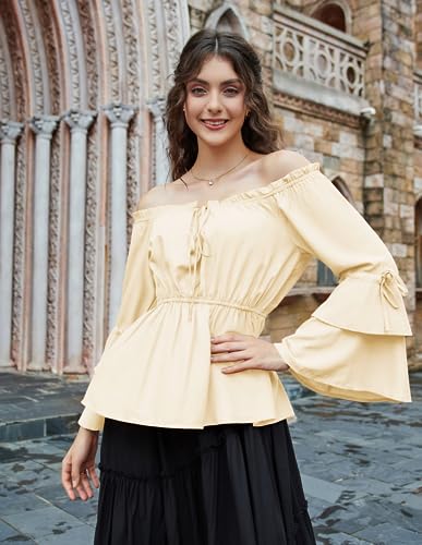 Womens Summer Tops Dressy Casual Bell Sleeve Renaissance Pirate Shirt Hide Tummy Peplum Blouse Apricot S