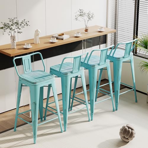 Alunaune 24" Metal Bar Stools Set of 4 Industrial Counter Height Barstools Kitchen Counter Stool Wood Top Low Back-Distressed Blue