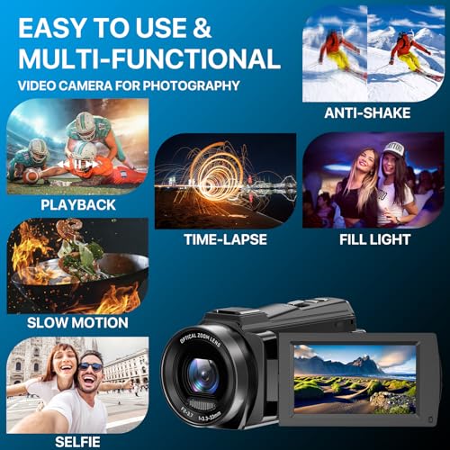 FJFJOPK 5K Video Camera Camcorder, 10X Optical Zoom 48MP UHD 30FPS Vlogging Camera for YouTube, Photography Recorder Camera with 270° 3" Rotation Screen, Microphone, Stabilizer, Remote Control