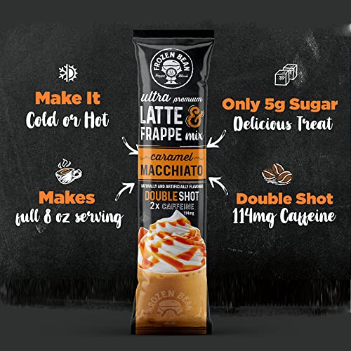 The Frozen Bean - Caramel Macchiato Frappe & Latte Instant Mix with Arabica Beans, 2x Caffienne, Low Sugar - for Hot, Iced, or Frappuccino-Style Blended Drinks - (20) 0.53oz Single Serve Sticks