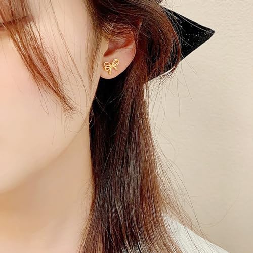 S925 Bow Earrings for Women Trendy, Small Cute Statement Ribbon Stud Earrings for Women Gold