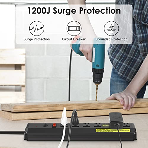 JUNNUJ Heavy Duty Metal Power Strip 20 Amp, High Amp Surge Protector 6 Outlet, 20A Power Strips Workshop Industrial Outlets Wide Spaced 6-20R T-Slot with Circuit Breaker, 12 Gauge Extension Cord 6ft
