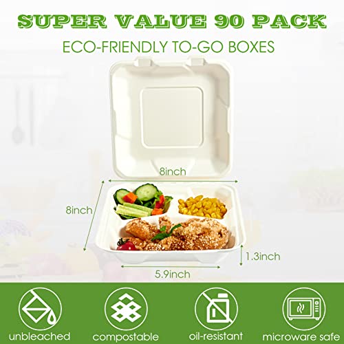 Vplus 100% Compostable Clamshell Take Out Food Containers, 90 PACK 8 inch x 8 inch Eco-Friendly Disposable 3 Compartment, Heavy-Duty Bagasse To-Go Containers for Next Day Lunch, Potluck Party