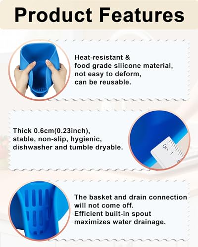 Egouhome Drain Basket Strainer Silicone with Spout,Multifunctional Drain Basket with Spout,Silicone Strainer Basket for Washing Vegetables and Fruits,Food Strainer Basket for Food,Pasta,Blue