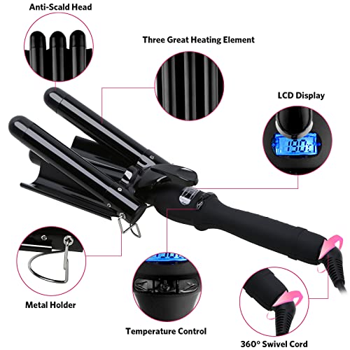 3 Barrel Curling Iron Wand with LCD Temperature Display - 1 Inch Professional Salon Ceramic Triple Barrels Curling Iron (Black)