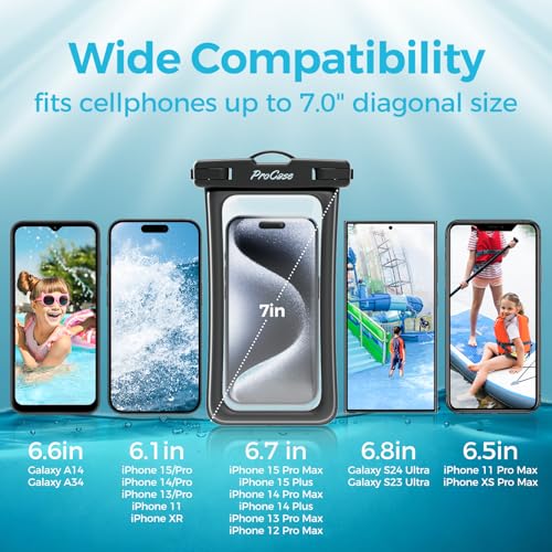 ProCase 2 Pack Floating Waterproof Phone Pouch Up to 7.0", Water Proof Underwater Case Dry Bag Cell Phone Protector for iPhone 15 14 13 Pro Max, Galaxy S24 S23 Ultra, Beach Essential - Black