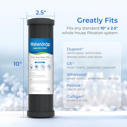 Waterdrop 2.5" x 10" Whole House CTO Carbon Water Filter Cartridge, 1 Micron Carbon Sediment Water Filter Replacement for DuPont® WFPFC8002, Culligan® D-10A, CBC-10, GE® FXWTC, GXWH20T, Pack of 4