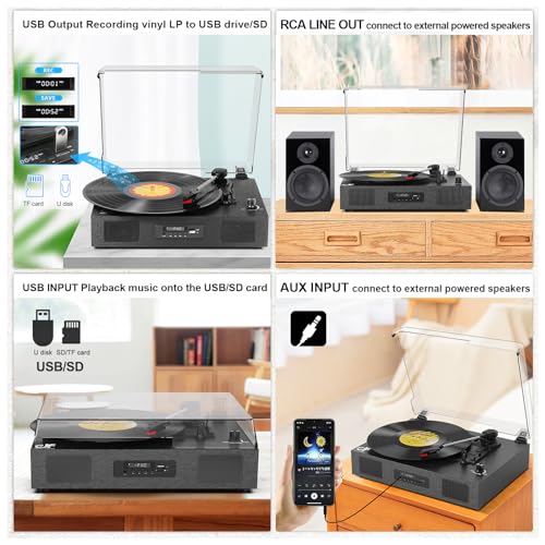 Record Player Bluetooth 3-Speed Vinyl Record Player with Stereo Speakers, USB Recording, RCA Line-Out, AUX-in, Retro Phonograph Turntable for Vinyl Records, Black