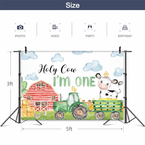 Omifly Holy Cow I'm One Birthday 5Wx3H Backdrop for Photography Kids Milk Cattle Farm Animal Farmhouse Country Cute Green Background Party Decorations Cake Table Banner Decor Photo Booth Studio Props