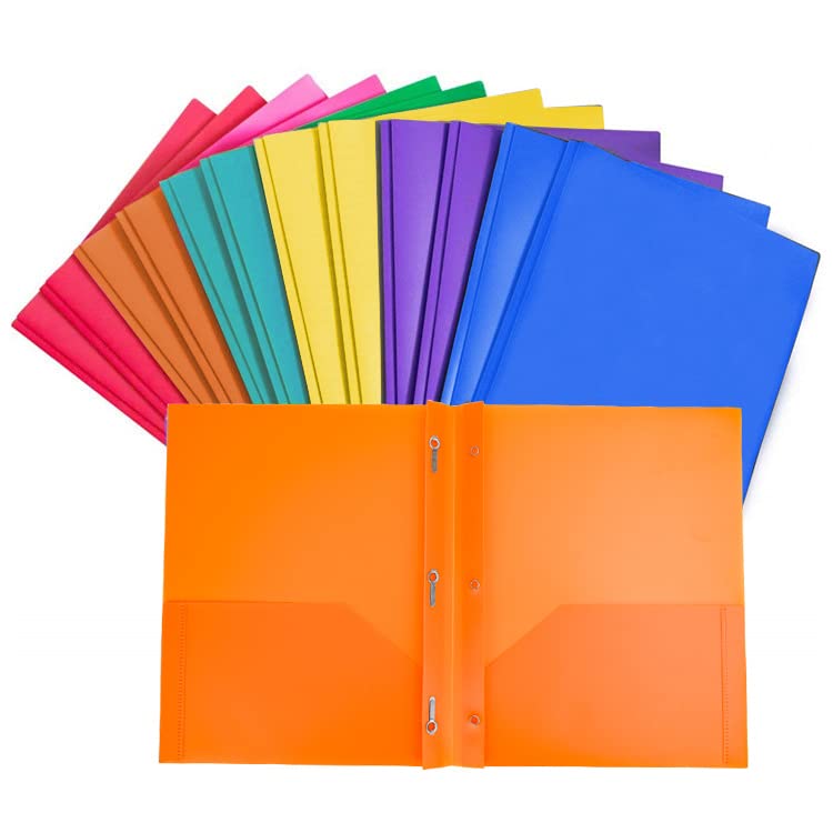 12 Pack Plastic Folders with Pockets and 3 Prongs,Colored Two Pockets folders for Docments,Assort Colors