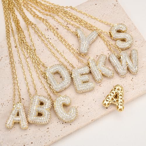 CIELTEAR Bubble Letter Necklace Gold Initial Necklaces for Women Chunky Charm Necklace Pendant U 14K Gold Plated Cubic Zirconia Balloon Letter Necklace Dainty Gold Jewelry for Women Trendy