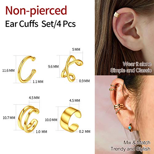 ChicSilver Gold Ear Cuffs Set 18K Gold Plated Fake Ear Cuffs Non Piercing Ear Conch Clip on Cartilage Earrings for Women Men | 4 Various Styles