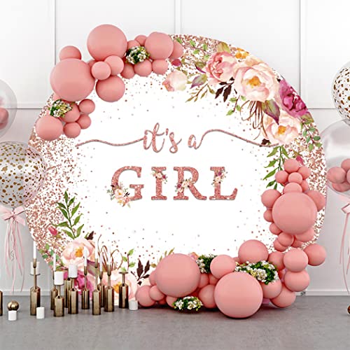 Laeacco 3x3ft It's a Girl Baby Shower Round Backdrop Pink Floral Glitter Confetti Round Background Cover for Photography Baby Gender Reveal Birthday Party Circle Backdrop Cover Photo Booth Props