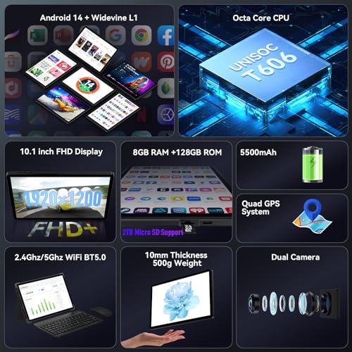 Headwolf Android 14 Tablet 10 inch Tablets, WPad5 Octa Core FHD 1920 * 1200 Display Android Tablet, 8GB RAM + 128GB ROM, Widevine L1 Support, 5500mAh, WiFi Tablet PC