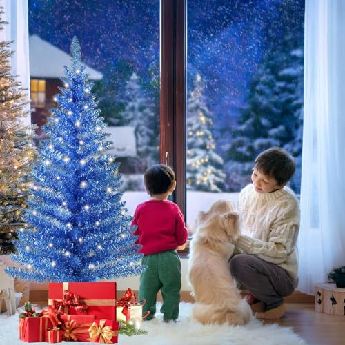 4ft Lighted Artificial Blue Christmas Tree | Leeheeyee Small Xmas Tree, Not Pre-lit Blue Tinsel Pine Trees with Lights, Ideal for Home, Office, and Xmas Party Décor