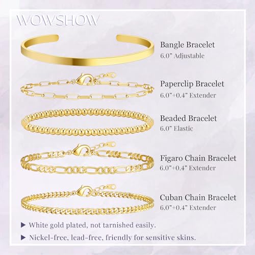 Wowshow Gold Bracelets for Women Bracelet Stack Set 14K Real Gold Plated Link Charm Bracelet Dainty Link Chain Stackable Charm Bracelets Adjustable Bangle Cuff Bracelet Pack Jewelry Gifts for Women 6.0 Inch