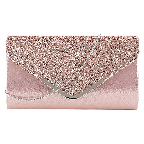 DIGOGO Sequins Flap Evening Purse Envelope Shaped Clutch Purse Chain Crossbody Shoulder Bag for Wedding Party Prom Ball Pink