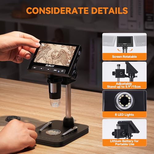 Elikliv Coin Microscope, 4.3'' LCD Digital Microscope 1000x, Coin Magnifier with 8 Adjustable LED Lights, PC View Compatible with Windows/Mac, EDM4B, Black