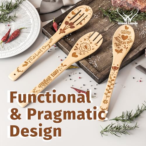 WoodLands Premium Mother’s Day Bamboo wooden spoons for cooking - ideal wooden cooking utensils set Gifts For mom From Daughter - Wood Spoons for Cooking - Wooden Spoon Mothers Day Gifts From Daughter