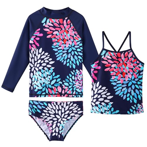 TFJH E Girls Rash Guard Swimsuit UPF 50+ Swimwear Long Sleeve Tankini Beachwear 3t 4t Navy Daisy 104/110