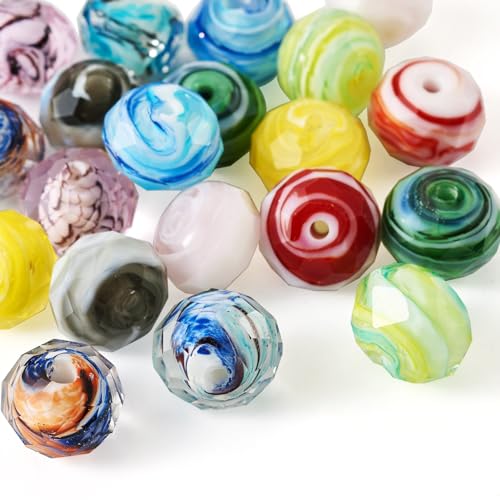 Cheriswelry 20Pcs Faceted Glass Beads Printed Rondelle Crystal Bracelet Spacer Beads 10 Colors 12x9mm for DIY Necklace Earring Craft Jewelry Making