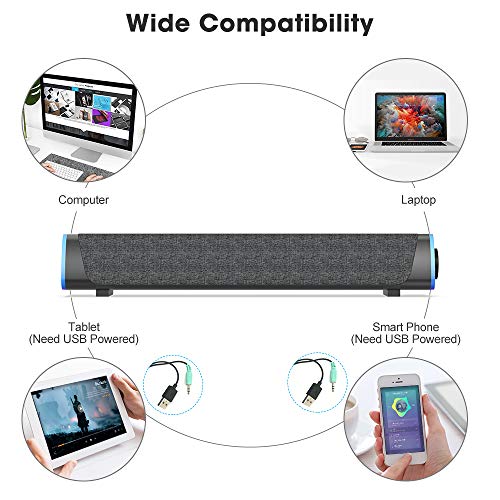 SOULION R30 Computer Speakers, USB Powered 3.5mm AUX Small PC Speakers, Colorful LED Lights with Switch Button, Surround Sound Portable Computer Sound Bar Speaker for Desktop Laptop Gray