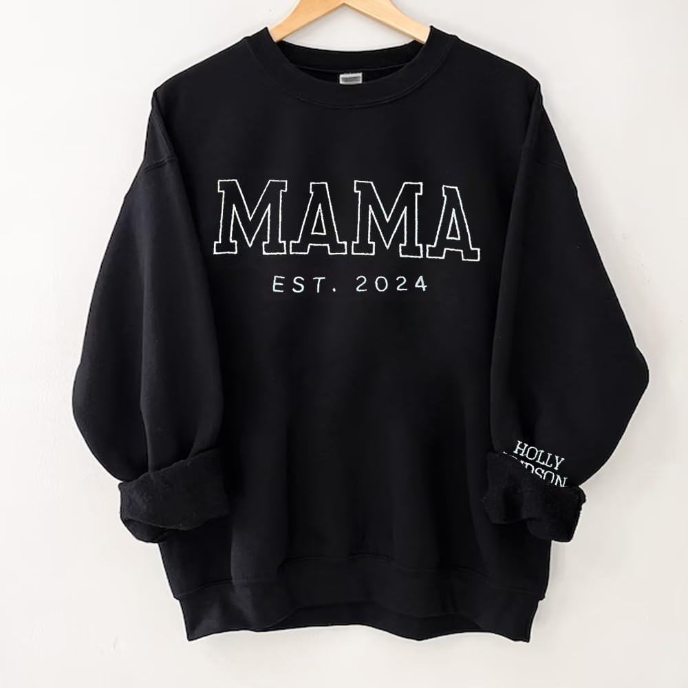 GODMERCH Personalized Embroidered Mama Sweatshirt With Kid Names On Sleeve, Mom Sweatshirt For Women, Gifts For Mom Grandma Mothers Day Christmas, New Mom Gifts