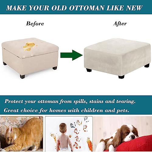 HFCNMY Ottoman Cover Square, Stretch Polyester blend Thick Ottoman Slipcover Square Washable Storage Ottoman Cover Foot Stool Cover with Elastic Bottom for Living Room Beige Medium