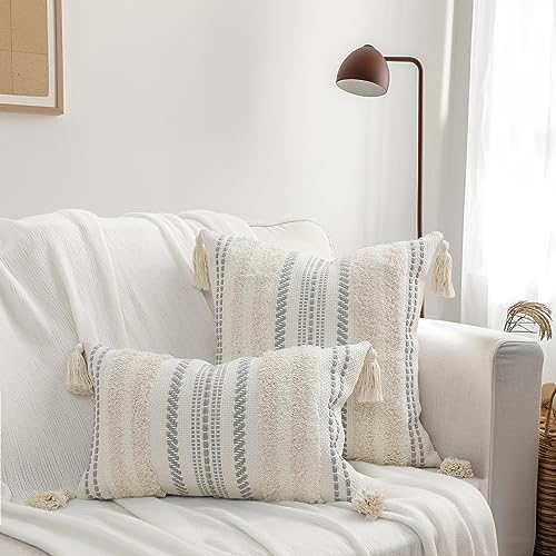 decorUhome Decorative Boho Throw Pillow Cover 12x20, Lumbar Accent Neutral Tufted Pillow Cover for Couch Bed Sofa, Textured Striped Woven Pillow Cover, Beige and Cream White, Pack of 1