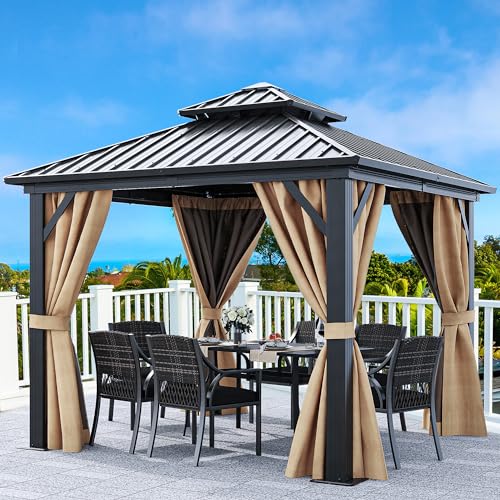 YITAHOME 10x10ft Gazebo Hardtop with Nettings and Curtains, Heavy Duty Double Roof Galvanized Steel Outdoor Combined of Vertical Stripes Roof for Patio, Backyard, Deck, Lawns, Gray