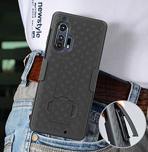 Case with Clip for Motorola Edge Plus, Nakedcellphone [Black Tread] Kickstand Cover with [Rotating/Ratchet] Belt Hip Holster Combo for Moto Edge+ (2020, XT2061)